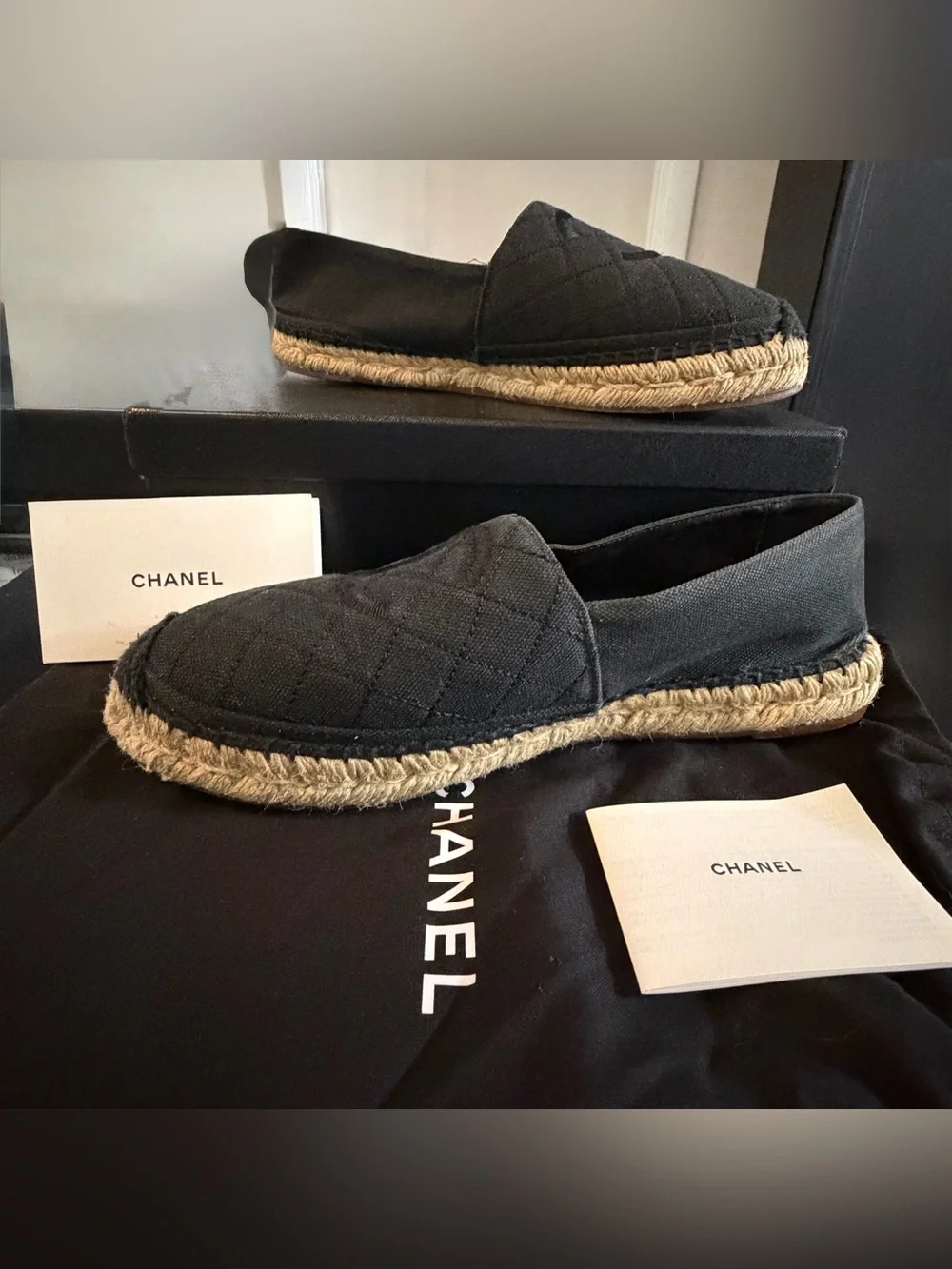 Authentic CHANEL Black Quilted Canvas Espadrilles with CC Motif